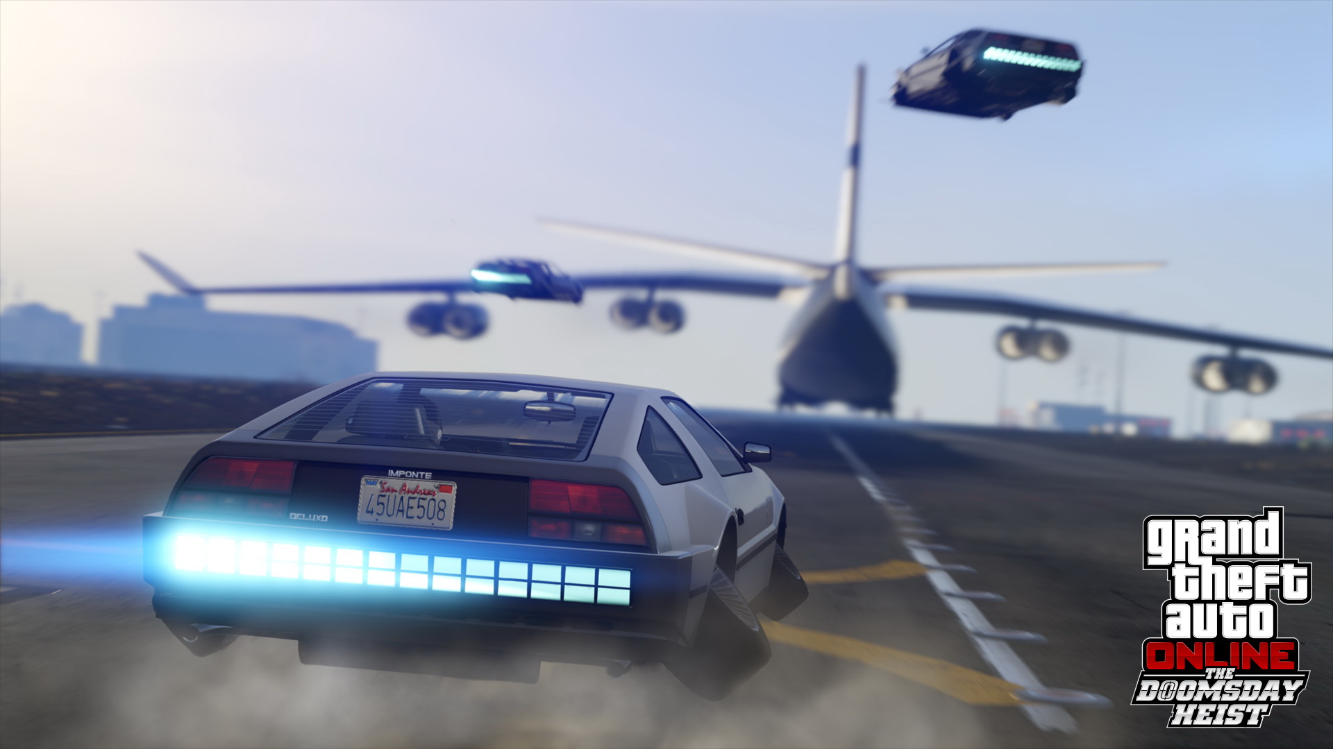 Official GTA Online gameplay screenshot showing a sports car at the airport